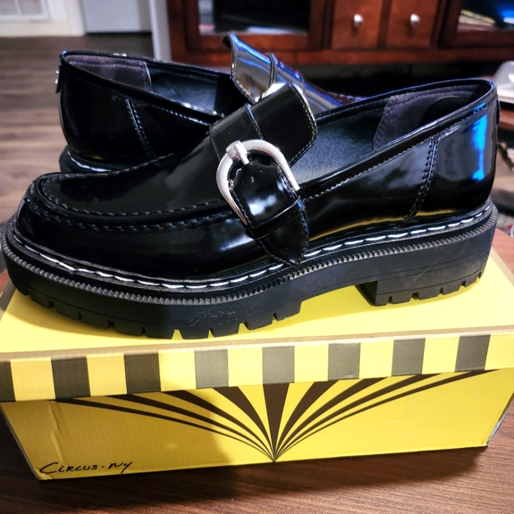 Circus By Sam E, Black Faux Patent Leather Loafers with Silver Buckle, Size 11